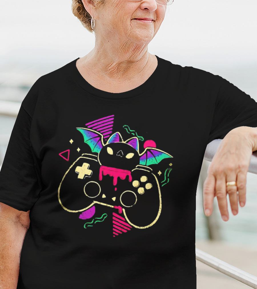 Creepy Cute Gamer Bat With Neon Controller And Dripping Colors T-Shirt