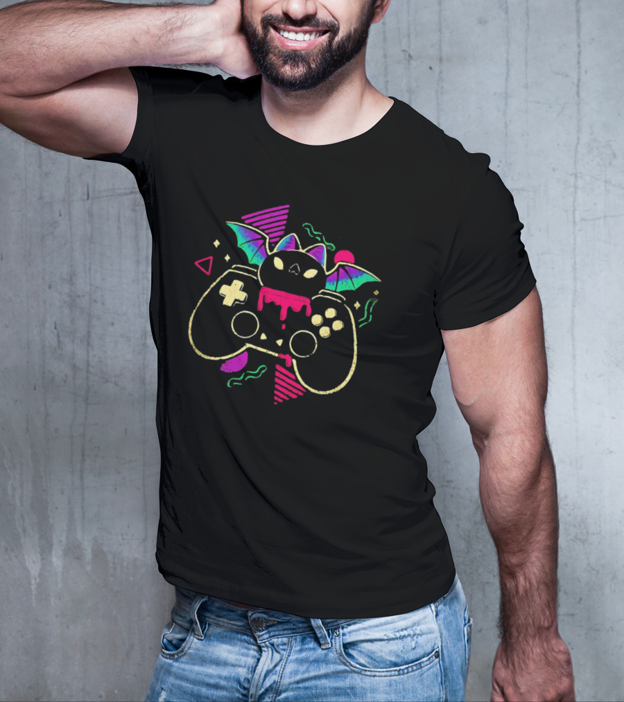 Creepy Cute Gamer Bat With Neon Controller And Dripping Colors T-Shirt