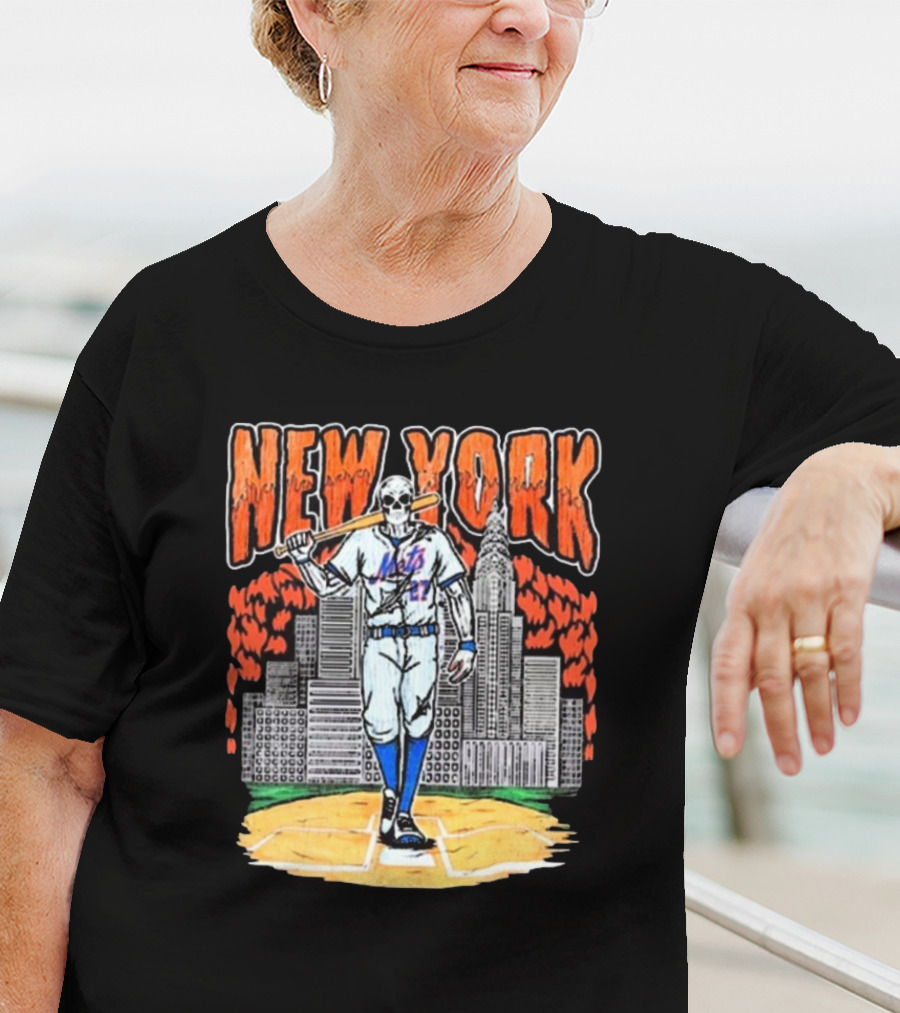 Reed Garrett New York Mets MLB Painting Skeleton Batter City Skyline T-Shirt