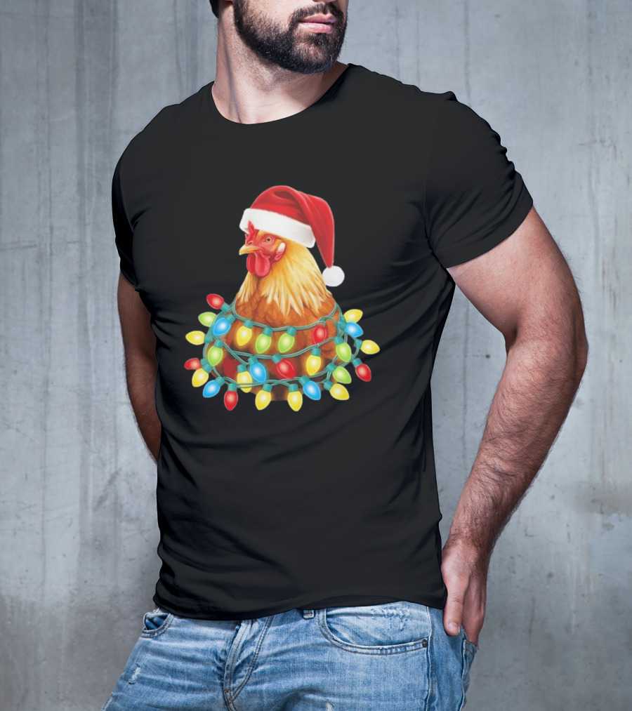 Santa Chicken Christmas Lights Festive Hilarious T-Shirt