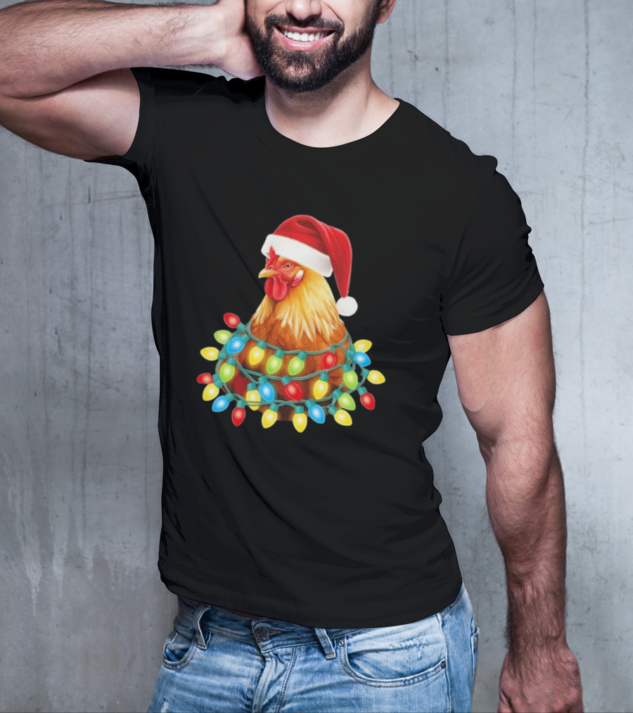 Santa Chicken Christmas Lights Festive Hilarious T-Shirt