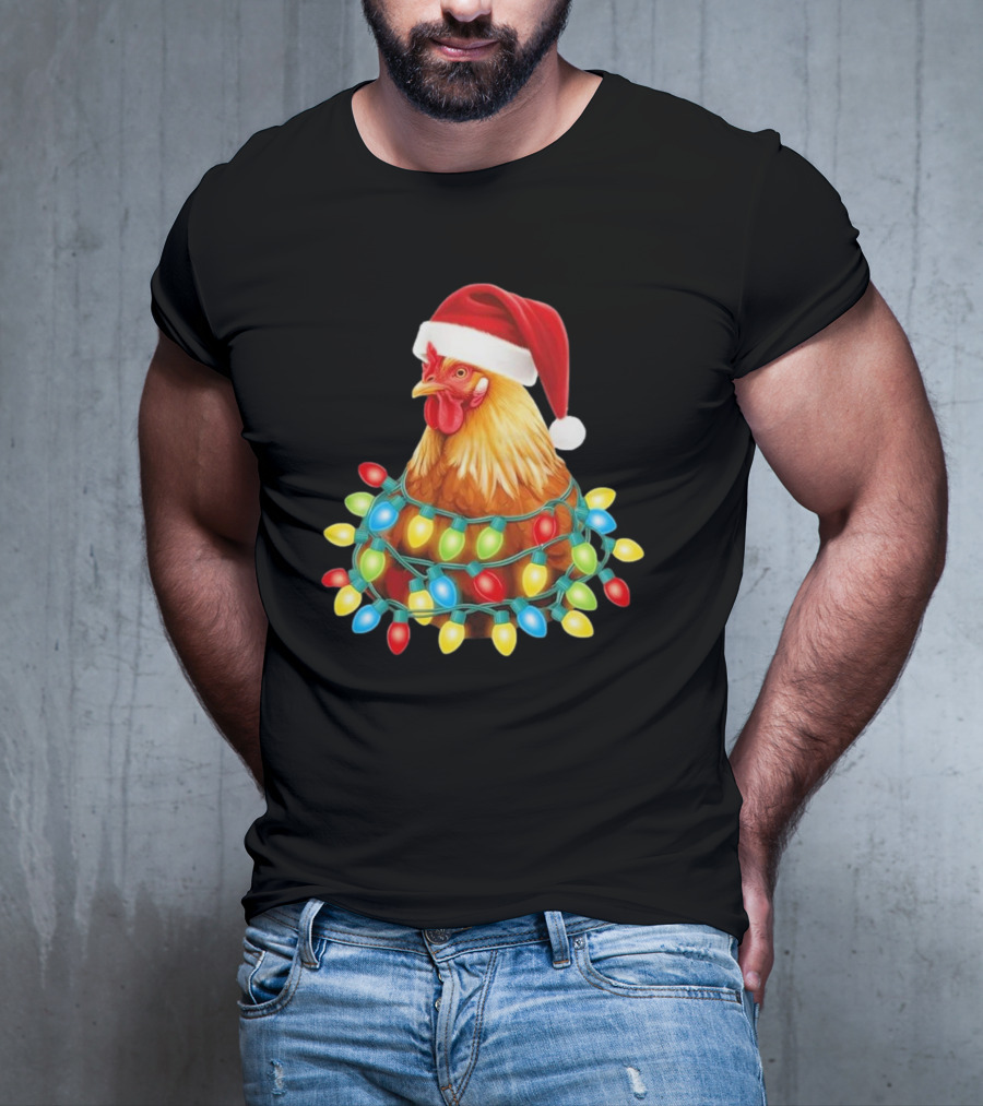 Santa Chicken Christmas Lights Festive Hilarious T-Shirt