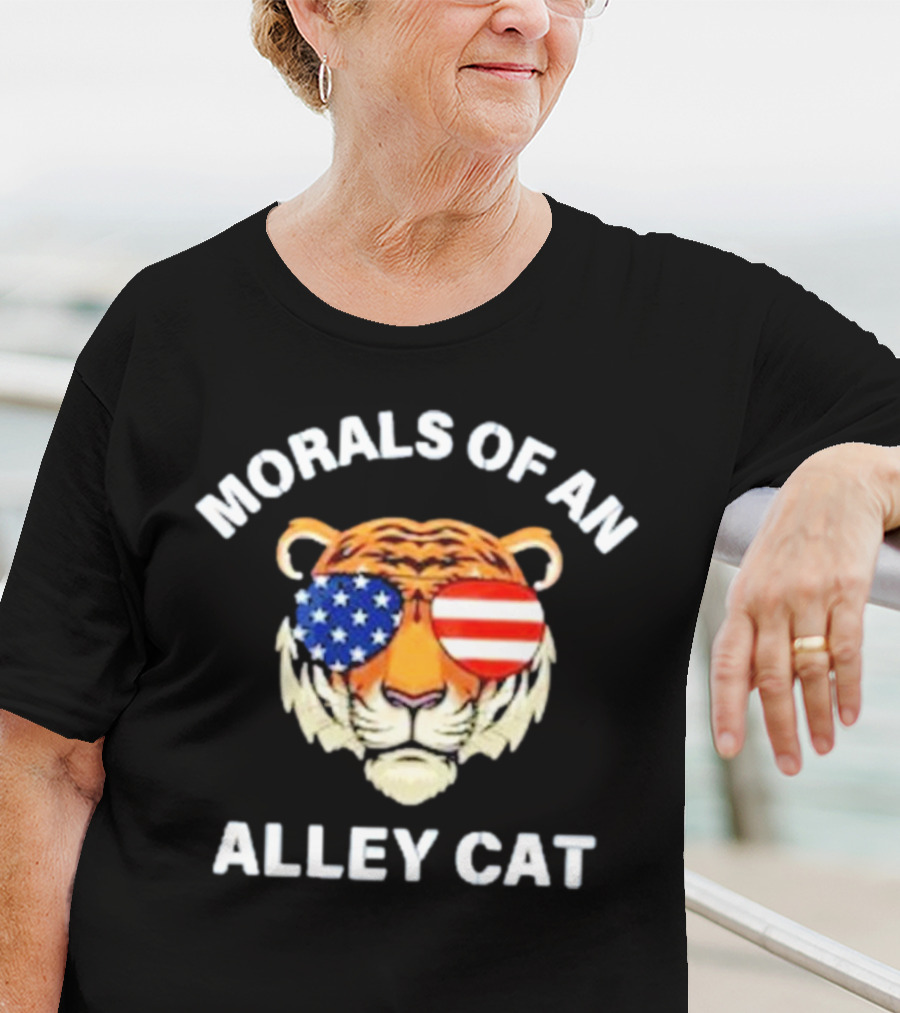 Morals Of An Alley Cat Tiger With American Flag Sunglasses T-Shirt