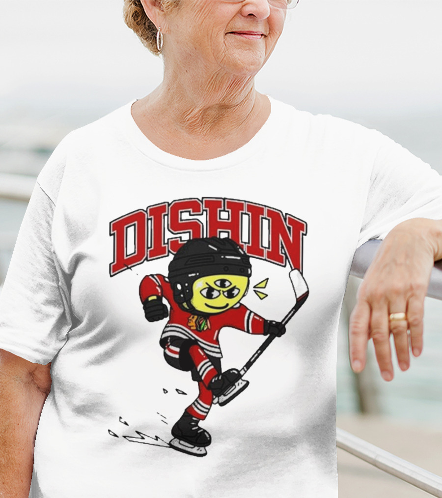 Chicago Blackhawks Just Dishin Hockey Player Cartoon Character Skating T-Shirt