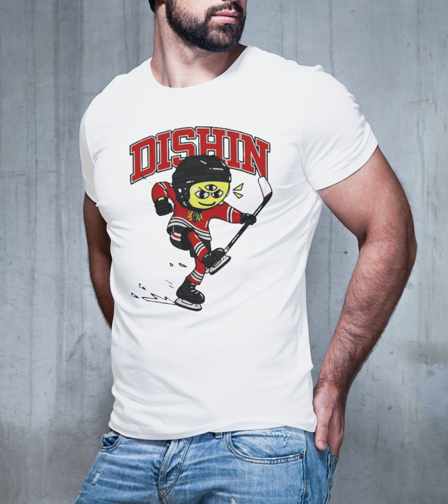 Chicago Blackhawks Just Dishin Hockey Player Cartoon Character Skating T-Shirt