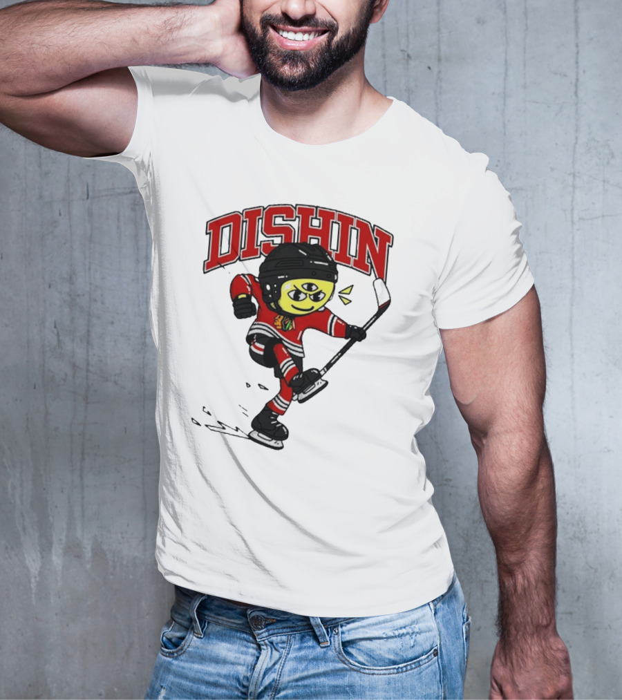 Chicago Blackhawks Just Dishin Hockey Player Cartoon Character Skating T-Shirt