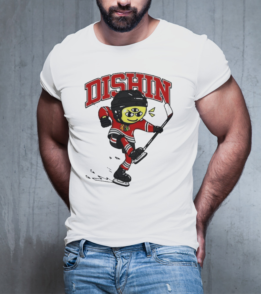 Chicago Blackhawks Just Dishin Hockey Player Cartoon Character Skating T-Shirt