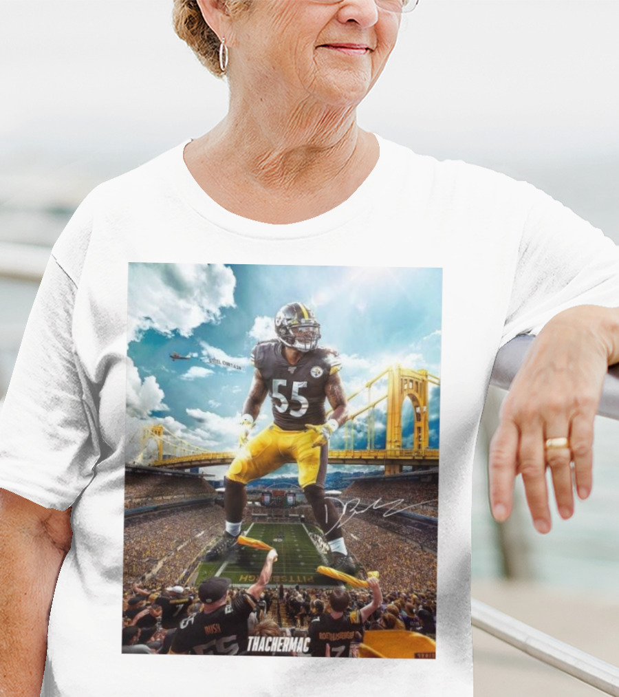 Thachermac Pittsburgh Steelers 55 Player In Stadium With Signature And Bridge Background T-Shirt
