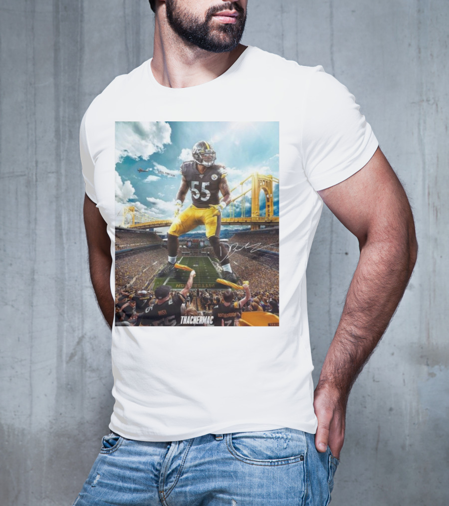 Thachermac Pittsburgh Steelers 55 Player In Stadium With Signature And Bridge Background T-Shirt