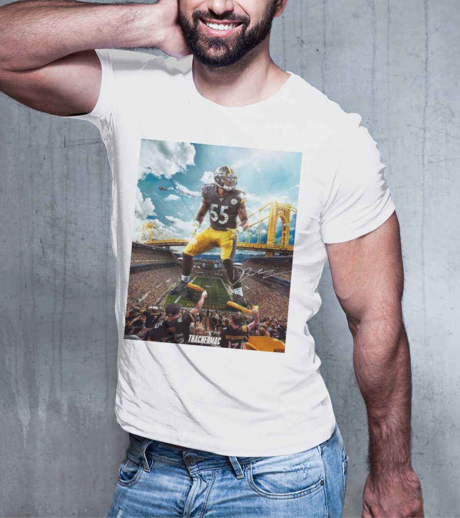 Thachermac Pittsburgh Steelers 55 Player In Stadium With Signature And Bridge Background T-Shirt