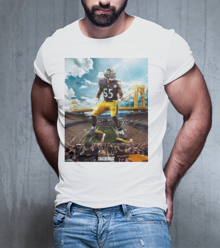 Thachermac Pittsburgh Steelers 55 Player In Stadium With Signature And Bridge Background T-Shirt