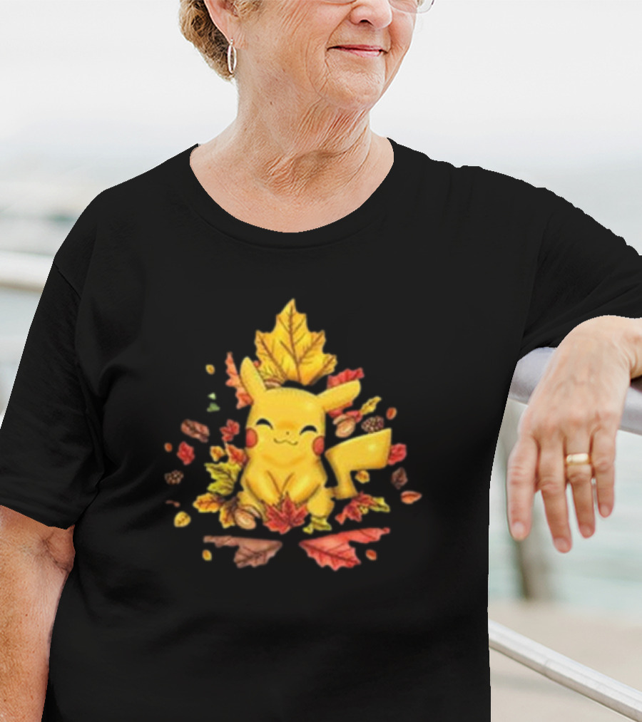 Pikachu Surrounded By Autumn Leaves And Acorns T-Shirt