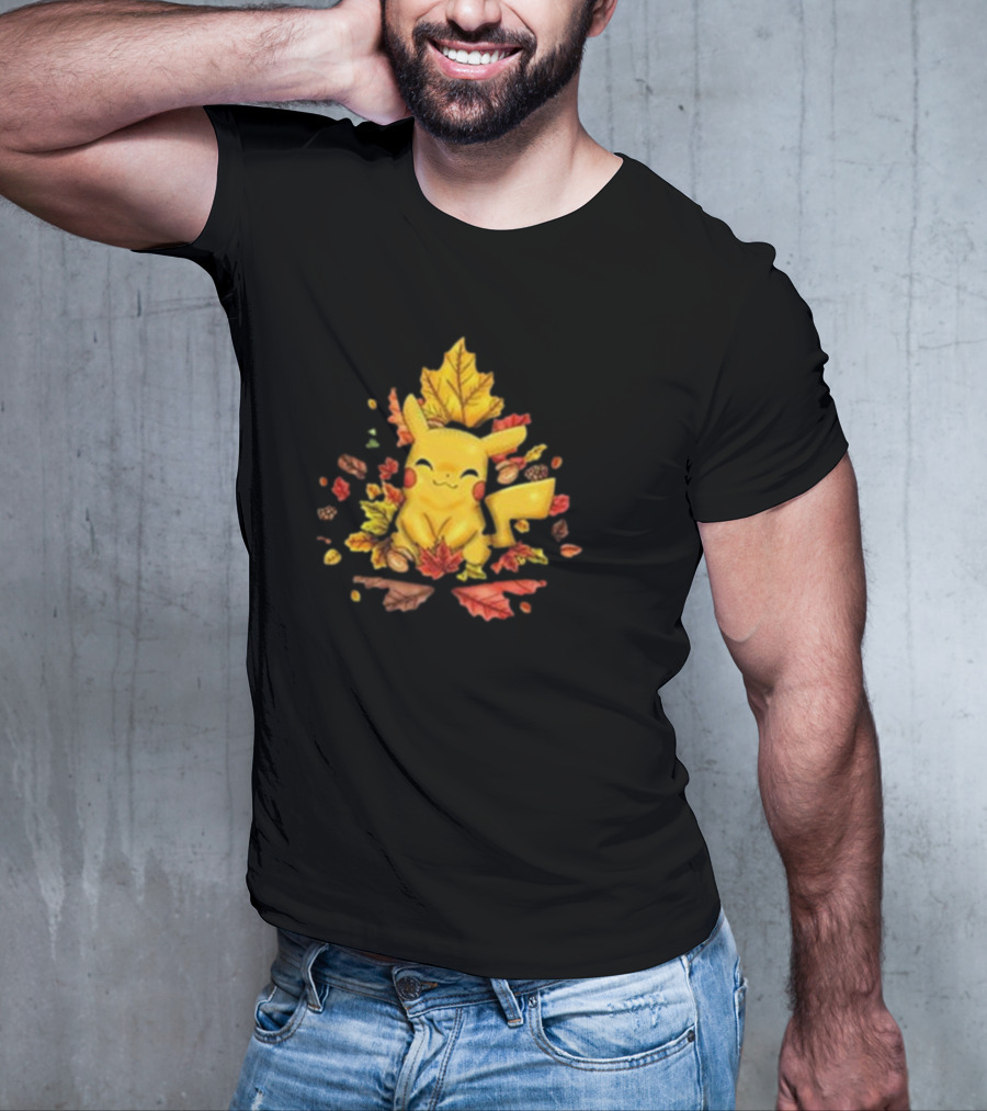 Pikachu Surrounded By Autumn Leaves And Acorns T-Shirt