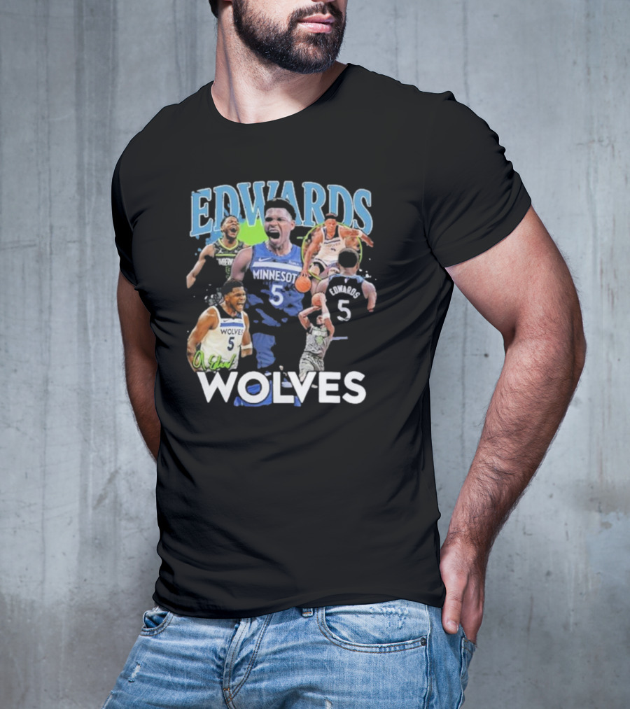 EDWARDS Minnesota Wolves Number 5 Basketball Action Collage T-Shirt
