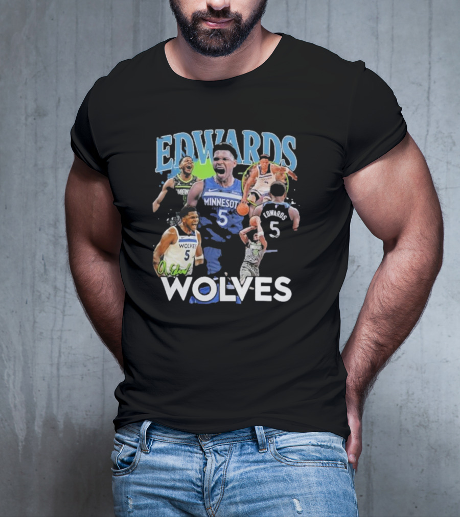 EDWARDS Minnesota Wolves Number 5 Basketball Action Collage T-Shirt