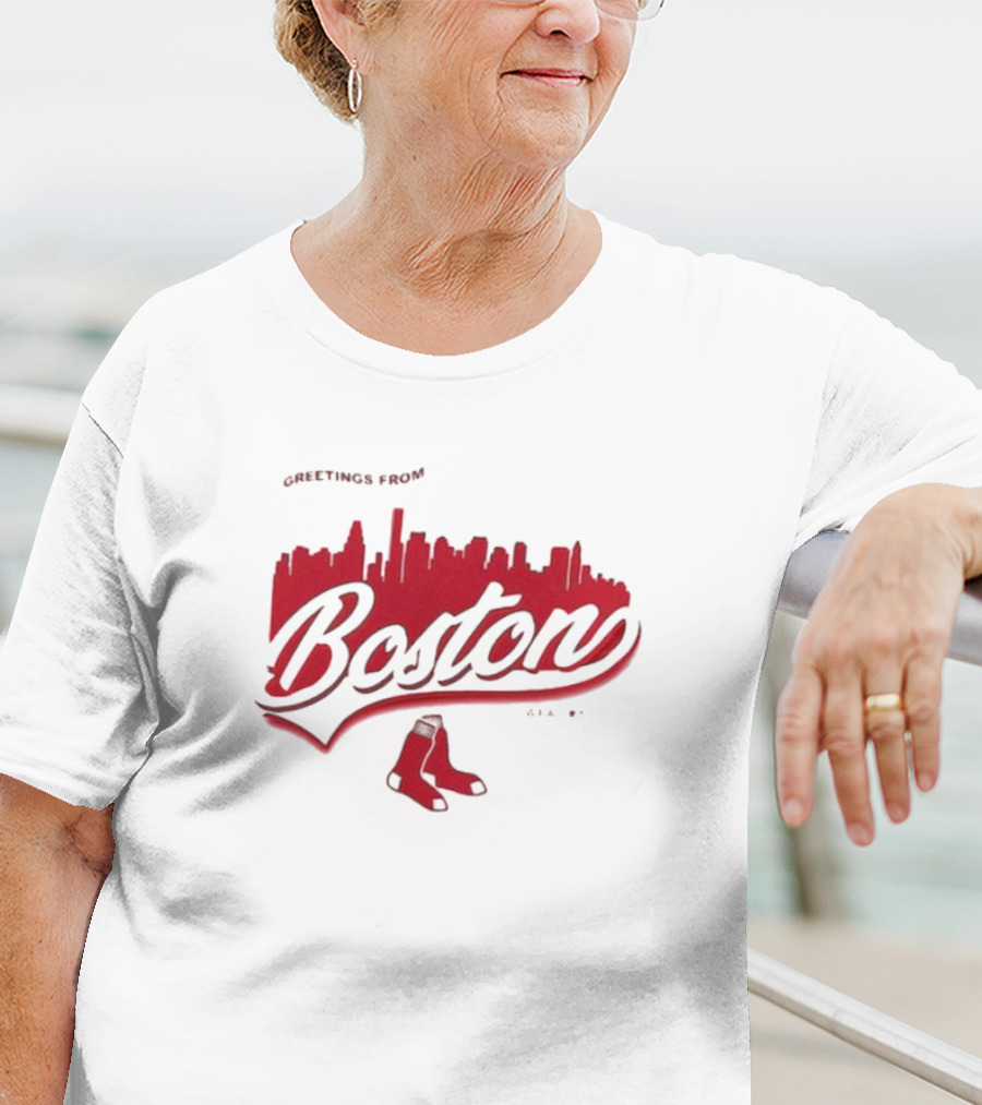 Greetings From Boston Red Sox Erin Andrews Domestic Postcard Skyline Graphics T-Shirt
