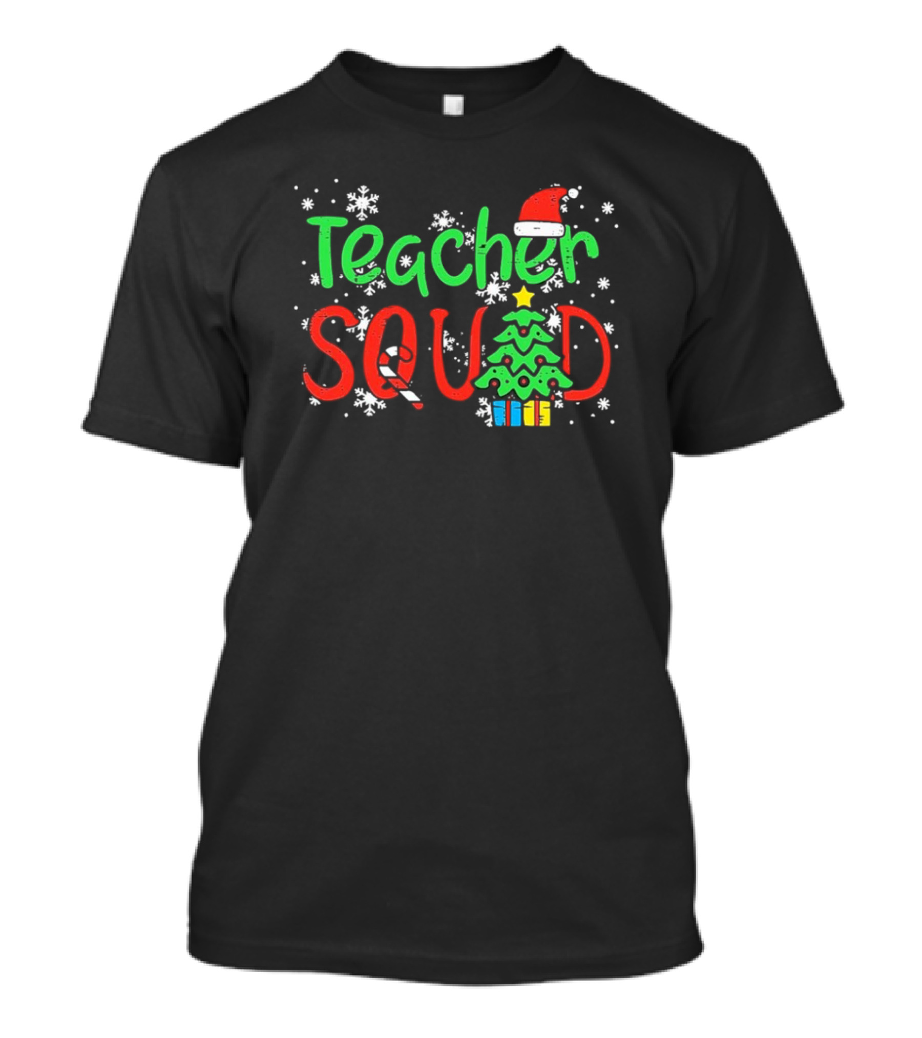 Teacher Squad Christmas Tree Candy Cane Santa Hat Snowflakes T-Shirt