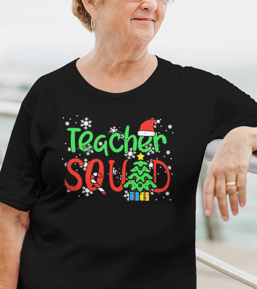Teacher Squad Christmas Tree Candy Cane Santa Hat Snowflakes T-Shirt