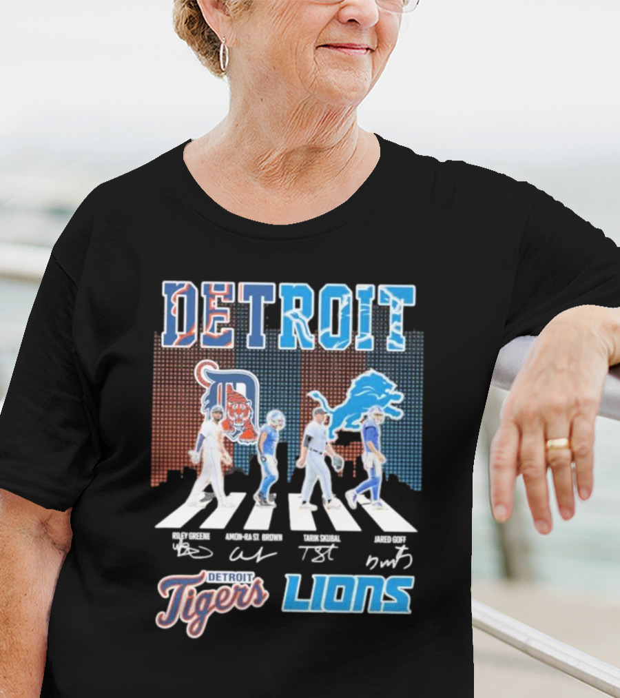 Detroit Lions Detroit Tigers Abbey Road Riley Greene Amon-Ra St. Brown Tarik Skubal Jared Goff Signatures T-Shirt