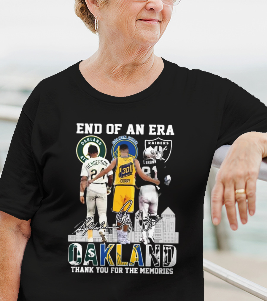 End Of An Era Oakland Henderson Curry Brown Thank You For The Memories Signatures T-Shirt