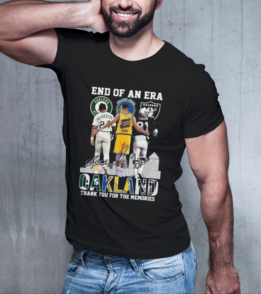End Of An Era Oakland Henderson Curry Brown Thank You For The Memories Signatures T-Shirt