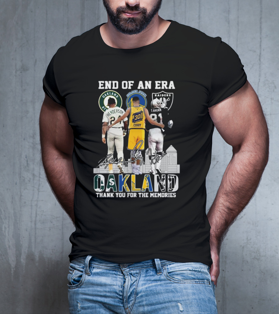 End Of An Era Oakland Henderson Curry Brown Thank You For The Memories Signatures T-Shirt