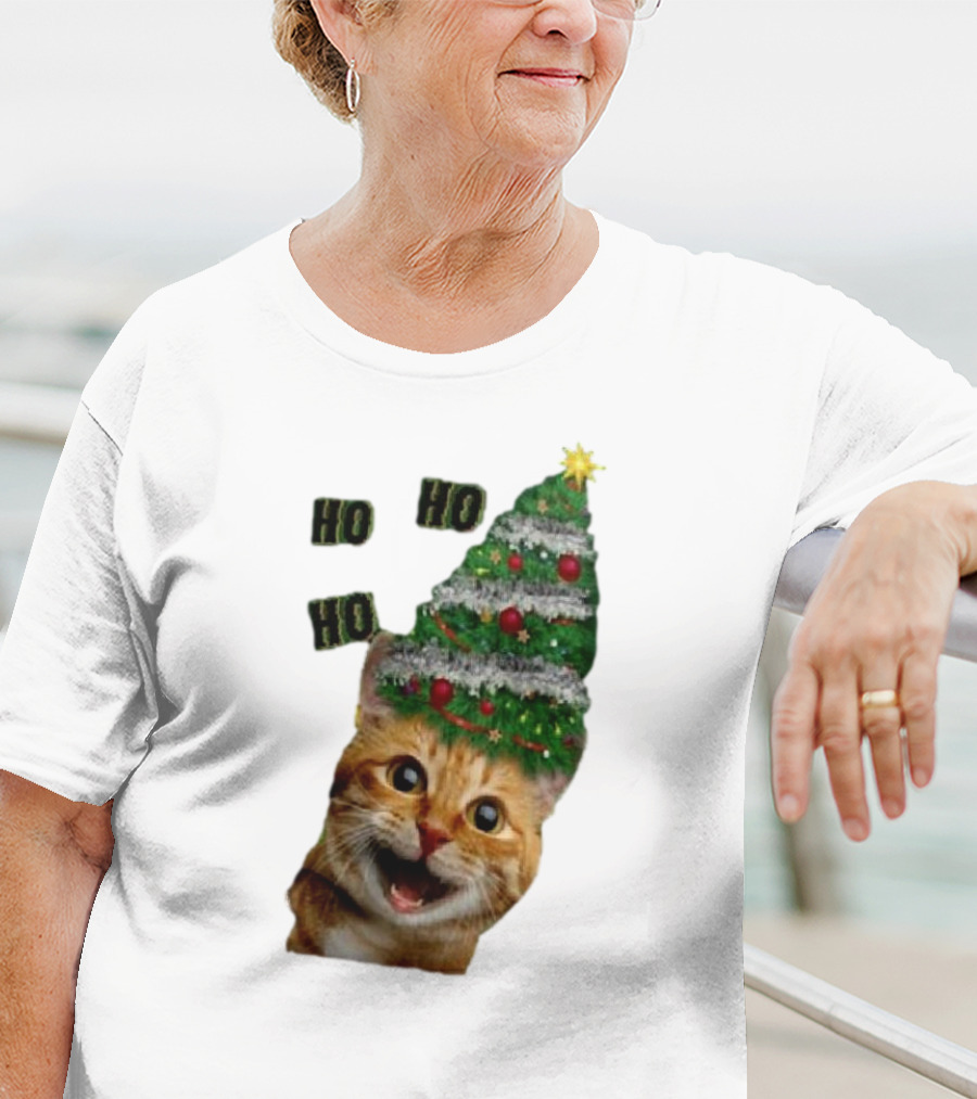 Cat With Christmas Tree Hat Ho Ho Ho Christmas T-Shirt
