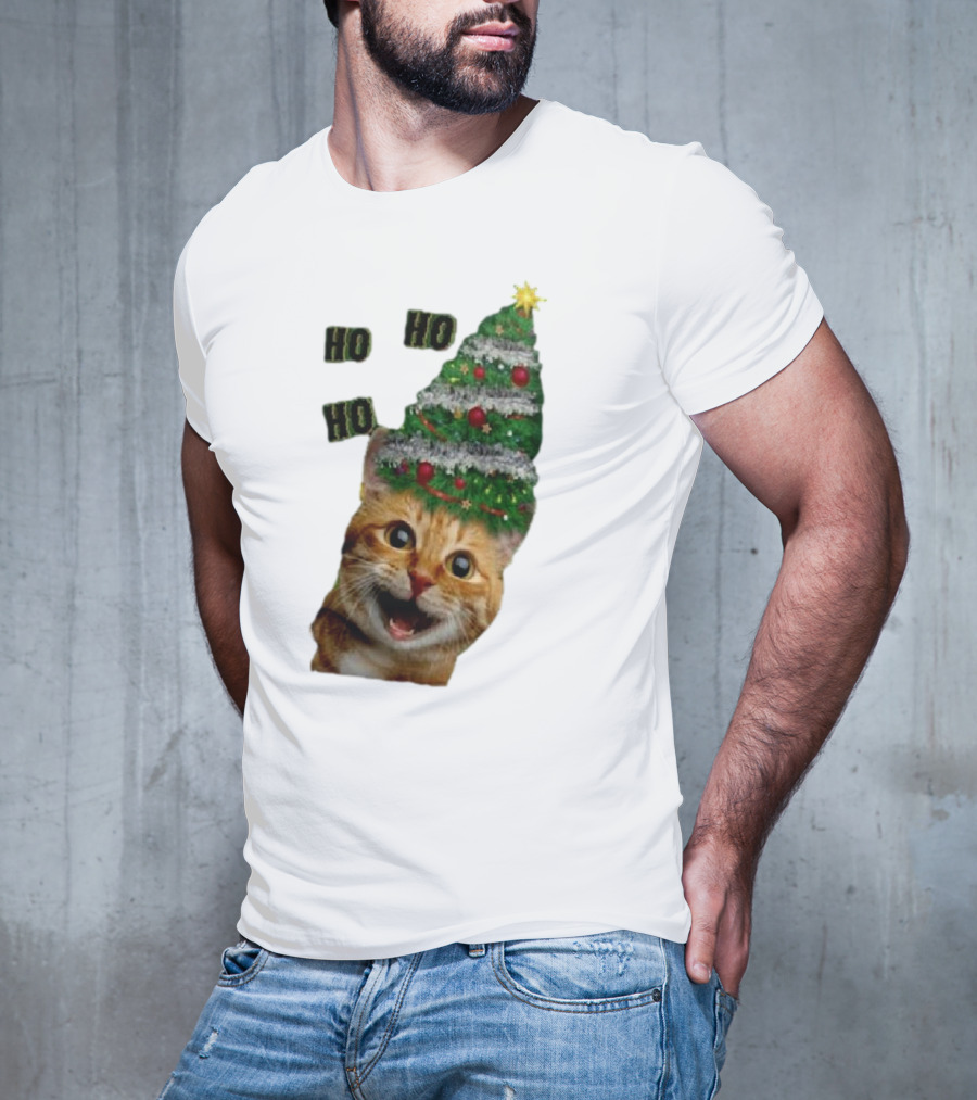 Cat With Christmas Tree Hat Ho Ho Ho Christmas T-Shirt