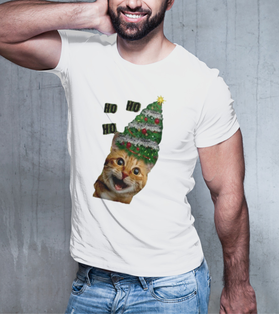 Cat With Christmas Tree Hat Ho Ho Ho Christmas T-Shirt