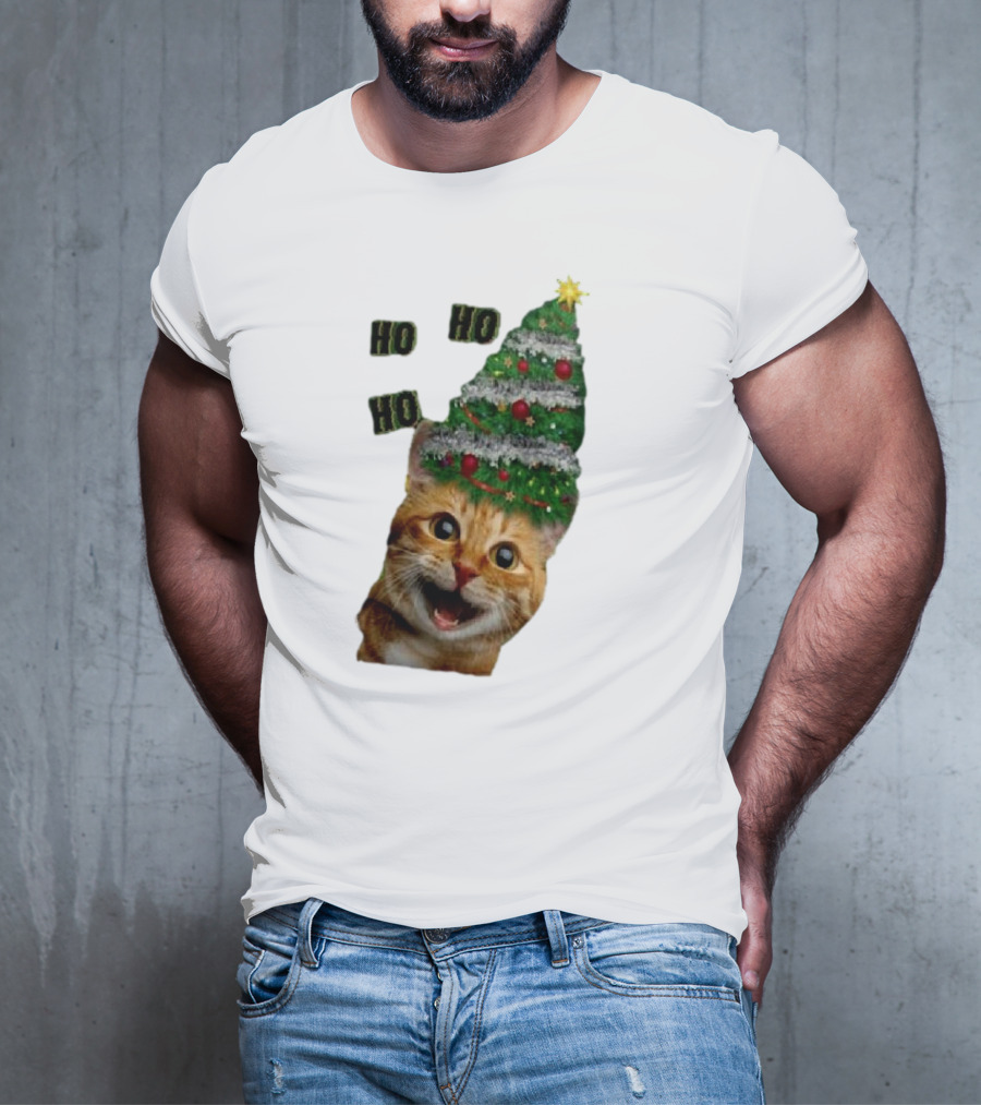 Cat With Christmas Tree Hat Ho Ho Ho Christmas T-Shirt