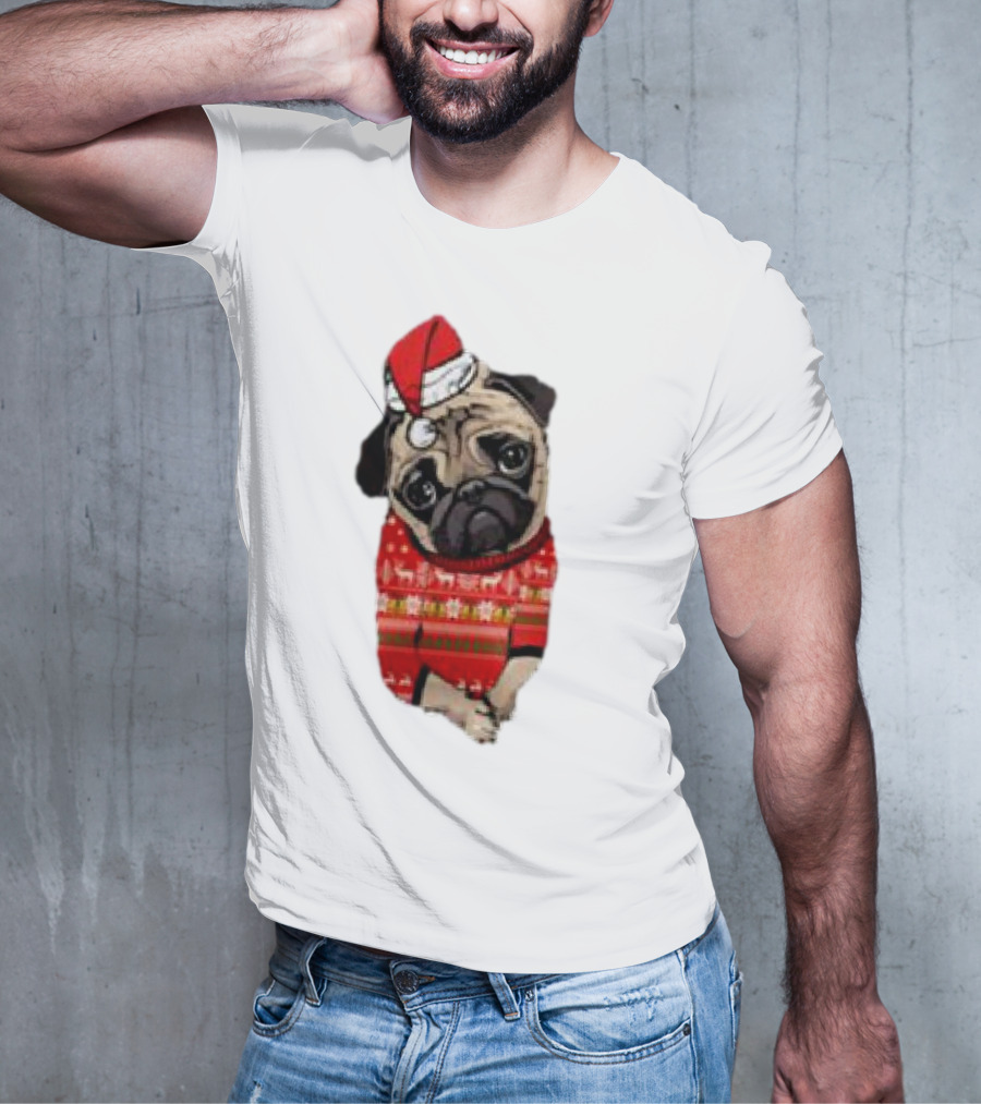 Lovely Pug Christmas Sweater Santa Hat Holiday T-Shirt