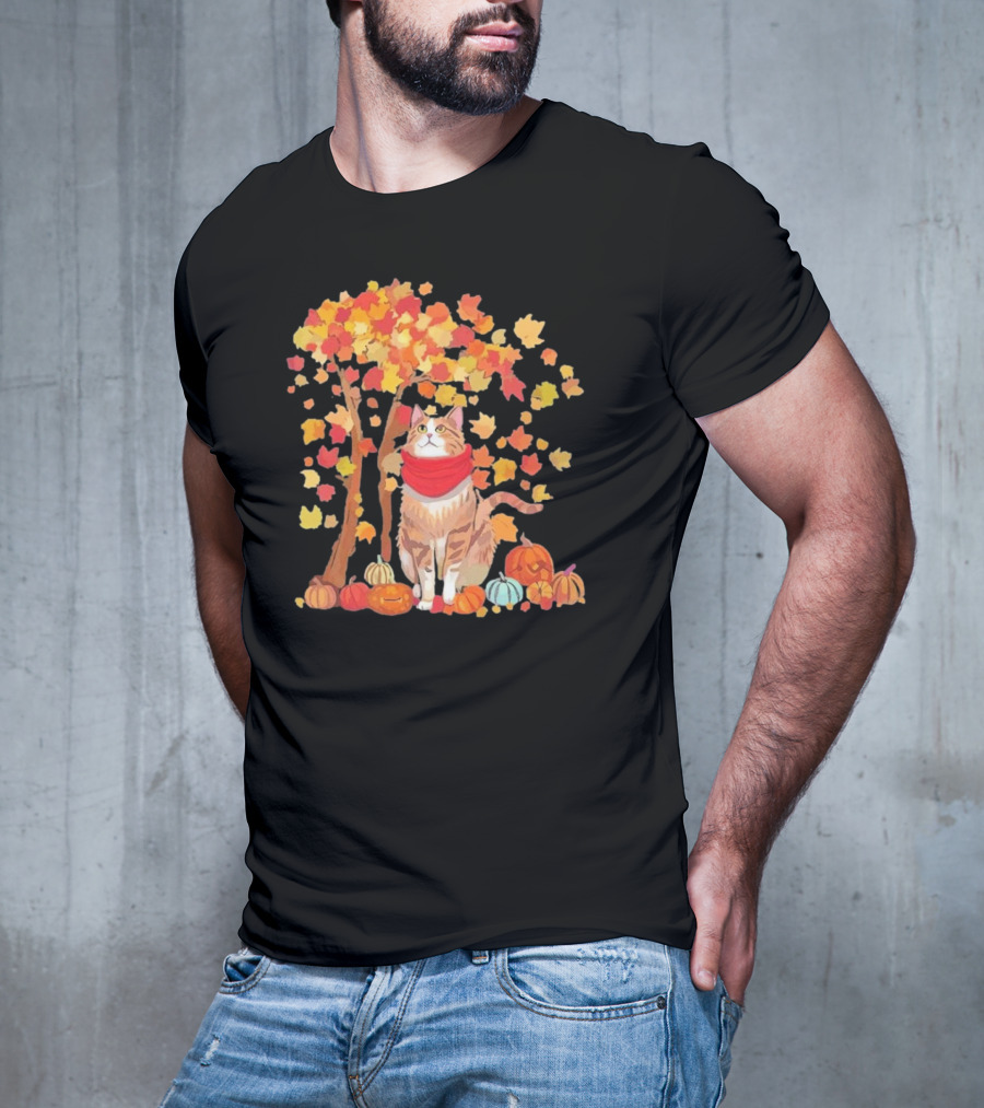 ItS Fall YAll Cat Leaf Fall Tree Hello Autumn Thanksgiving Pumpkin Scarf T-Shirt