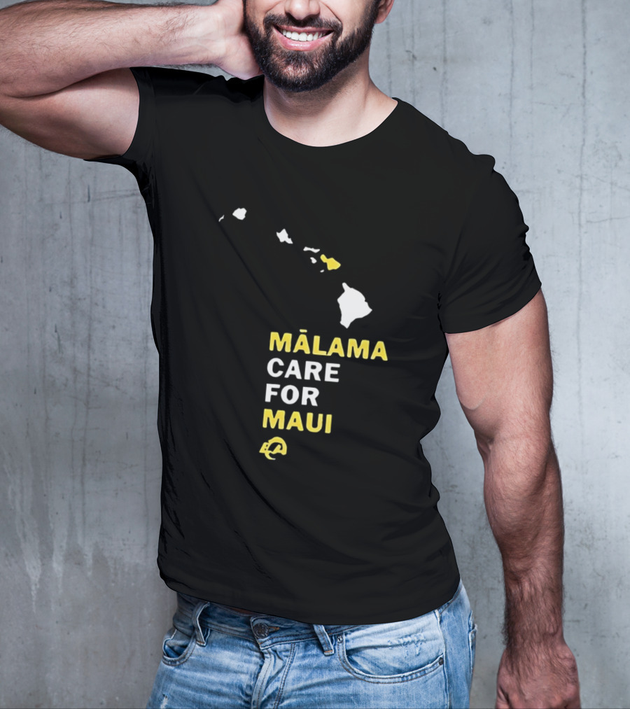 Mālama Care For Maui Los Angeles Rams Support With Hawaiian Islands Map T-Shirt
