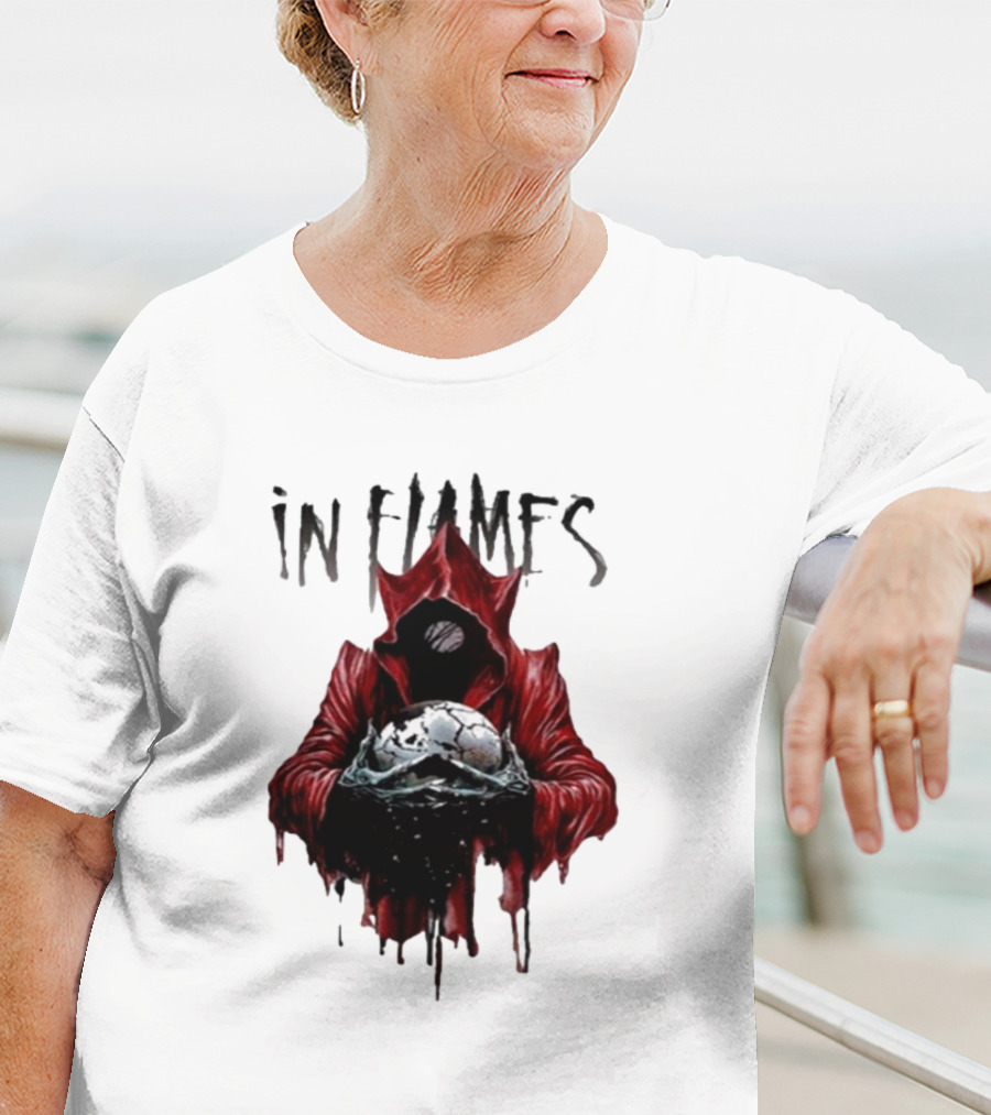 In Flames Siren Charms Red Hooded Figure Holding Cracked Mask T-Shirt