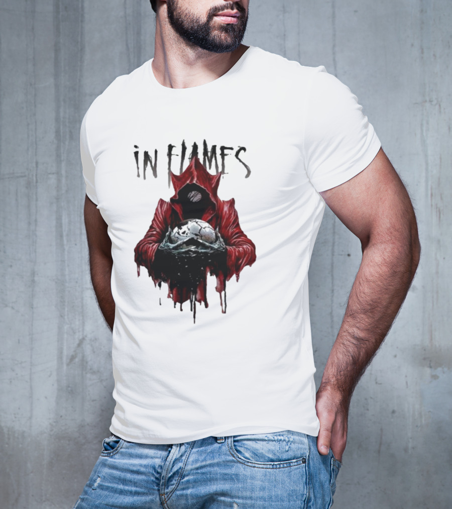 In Flames Siren Charms Red Hooded Figure Holding Cracked Mask T-Shirt