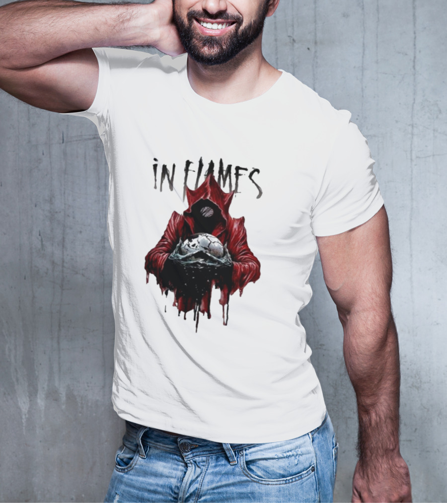 In Flames Siren Charms Red Hooded Figure Holding Cracked Mask T-Shirt