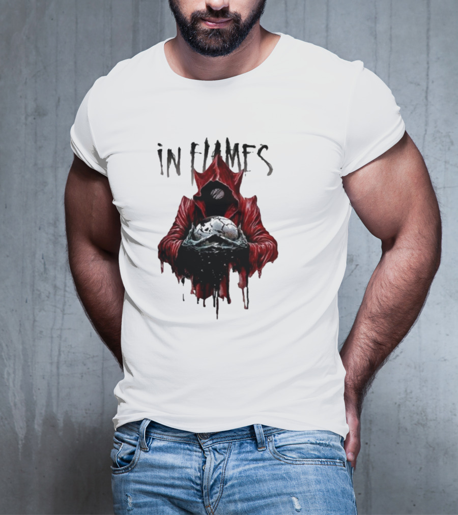 In Flames Siren Charms Red Hooded Figure Holding Cracked Mask T-Shirt