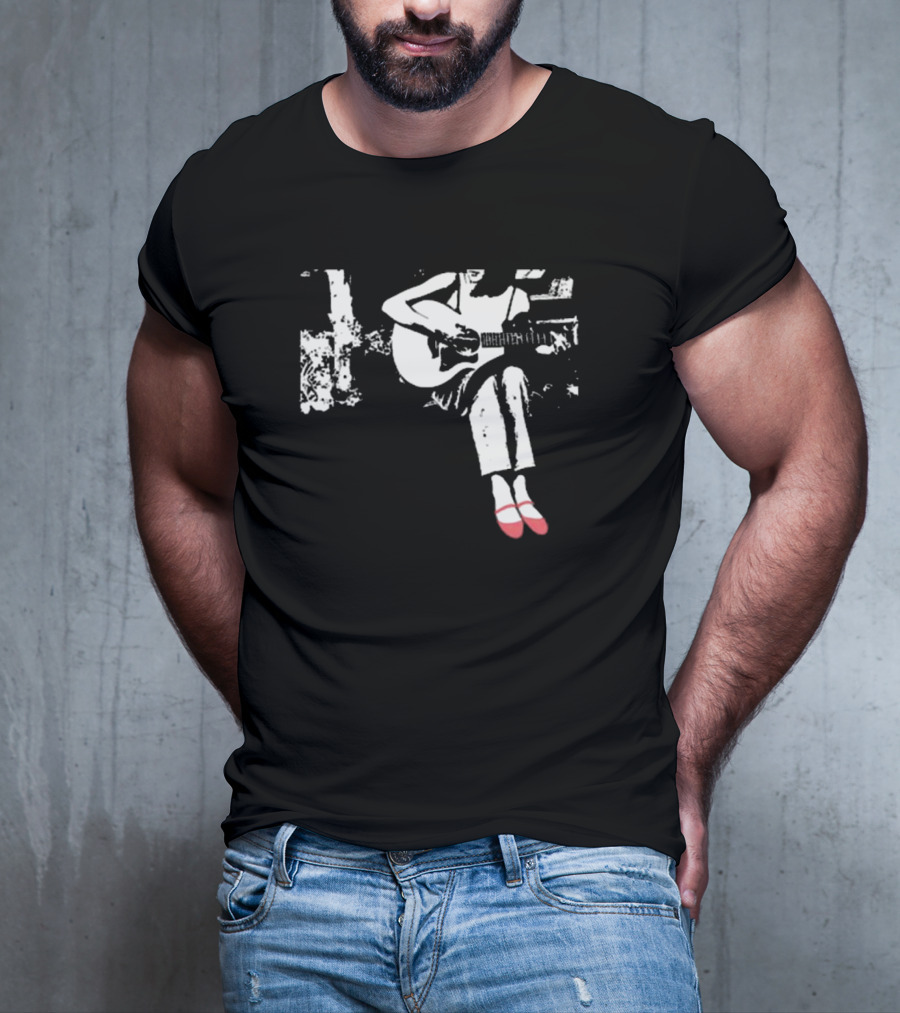 Devon Gabriella Playing Acoustic Guitar Black And White Contrast Red Shoes T-Shirt