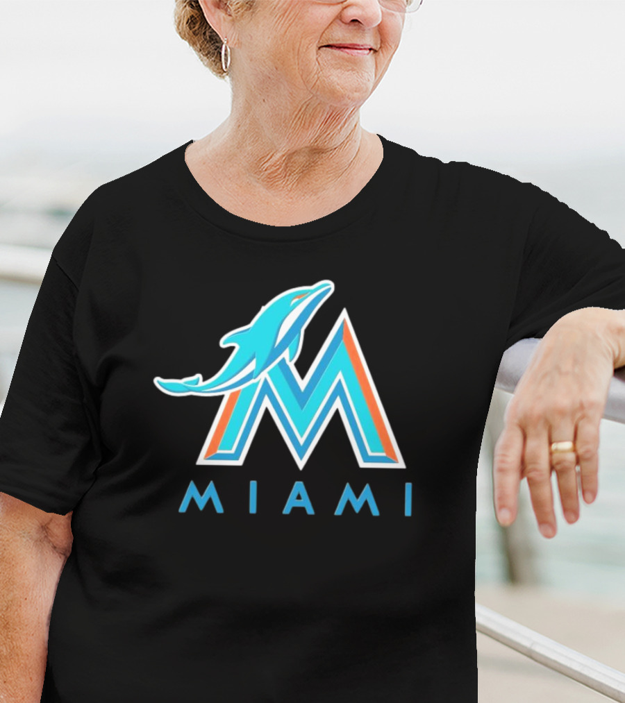 NFL X MLB Miami Dolphins X Miami Marlins M Logo Mashup Miami T-Shirt
