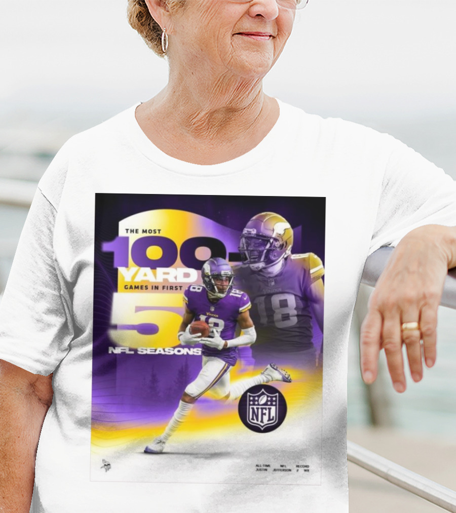 The Most 100 Yard Games In First 5 NFL Seasons Minnesota Vikings Justin Jefferson T-Shirt