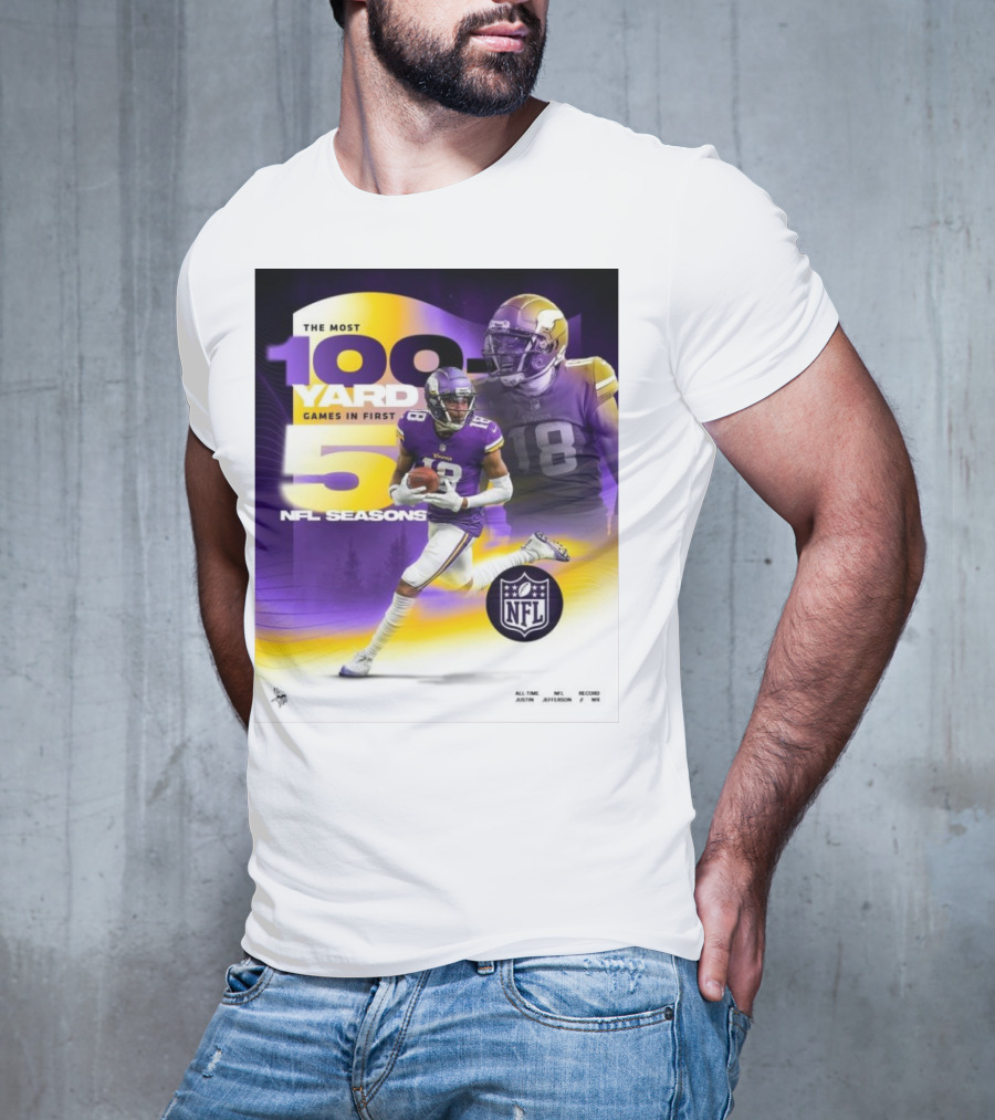 The Most 100 Yard Games In First 5 NFL Seasons Minnesota Vikings Justin Jefferson T-Shirt