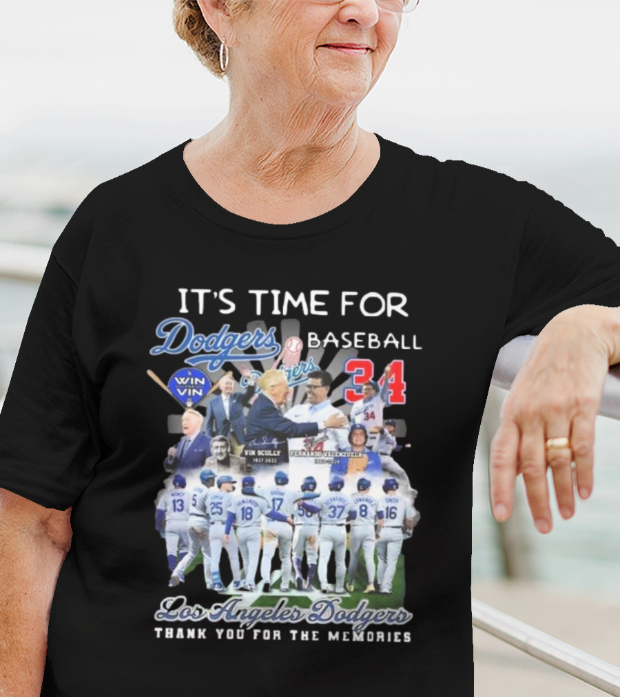 Los Angeles Dodgers It's Time For Baseball Thank You For The Memories Vin Scully 34 Signatures T-Shirt