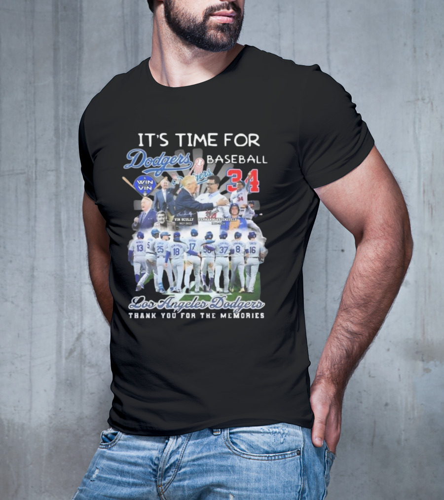 Los Angeles Dodgers It's Time For Baseball Thank You For The Memories Vin Scully 34 Signatures T-Shirt
