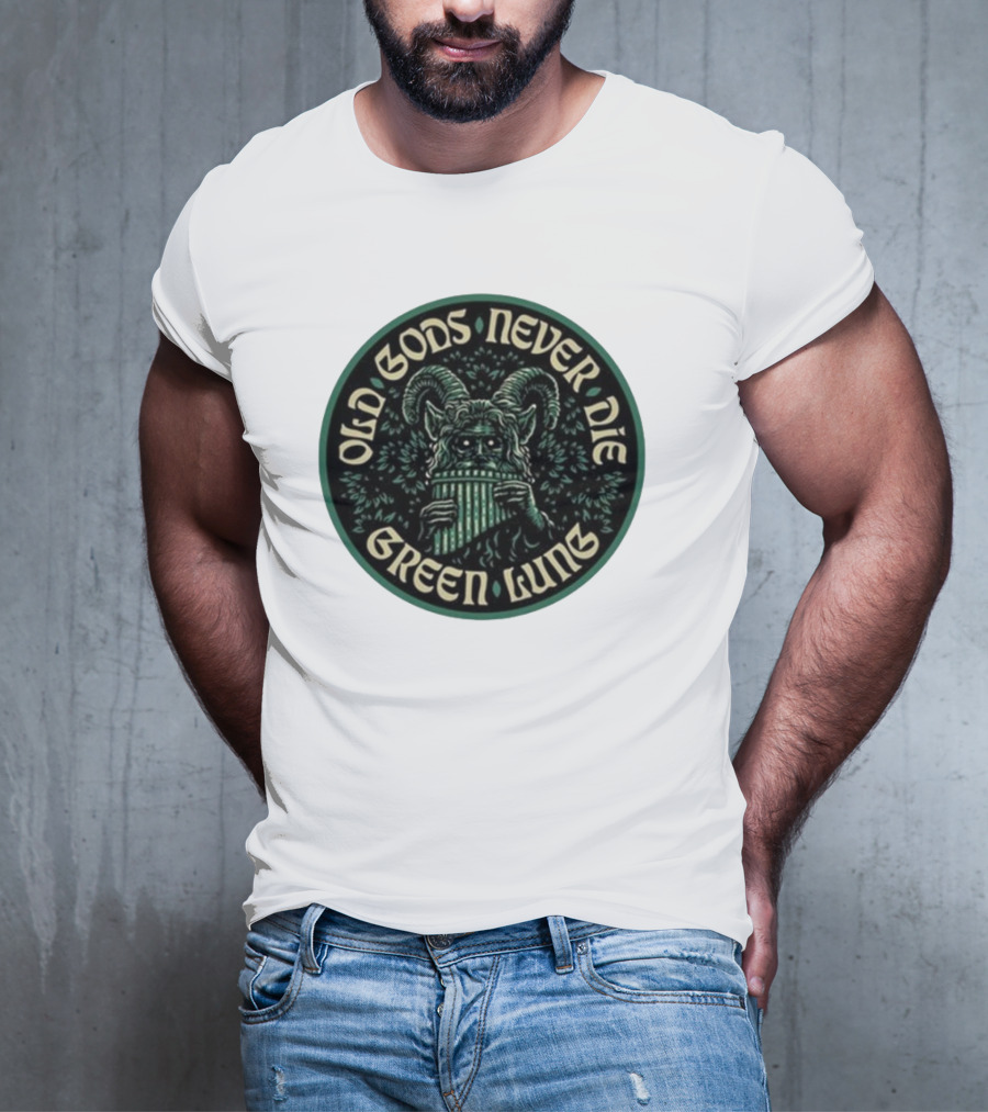 Green Lung Old Gods Never Die Pagan Horned Creature Playing Pan Flute T-Shirt