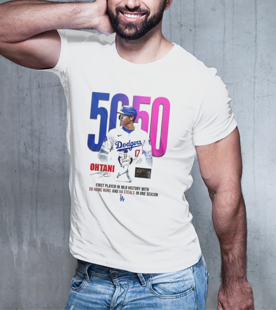 Los Angeles Dodgers Shohei Ohtani 50/50 First Player In MLB History With 50 Home Runs And 50 Steals In One Season T-Shirt
