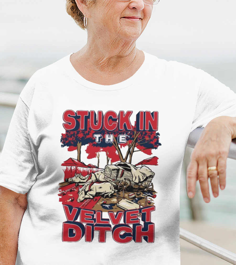 Stuck In The Velvet Ditch Ole Miss Rebels Wagon Red Blue Trees T-Shirt