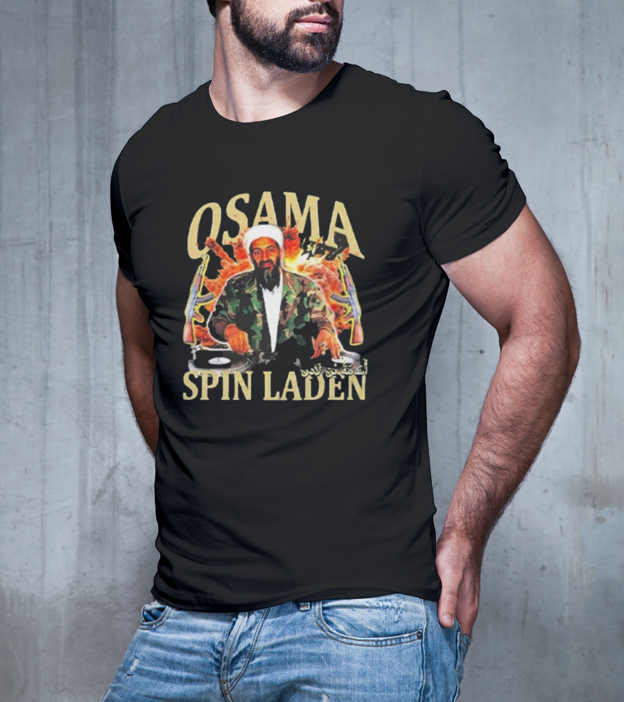 Osama Spin Laden DJ Guns Arabic Text T-Shirt