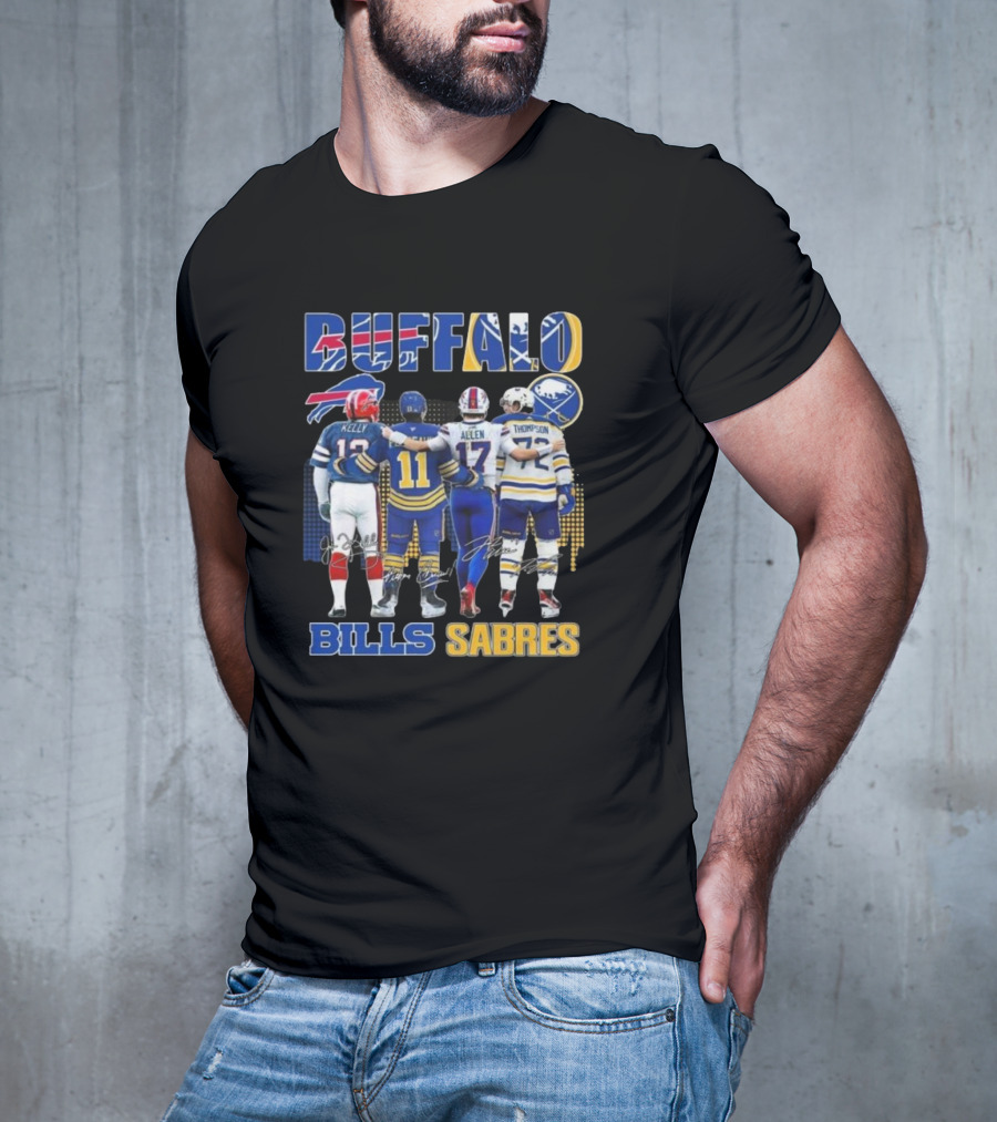 Buffalo Bills Sabres Josh Allen Jim Kelly Gilbert Perreault Tage Thompson Signatures T-Shirt