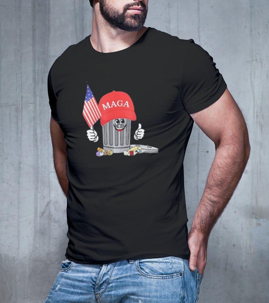 MAGA Hat Wearing Garbage Can Giving Thumbs Up Holding American Flag T-Shirt