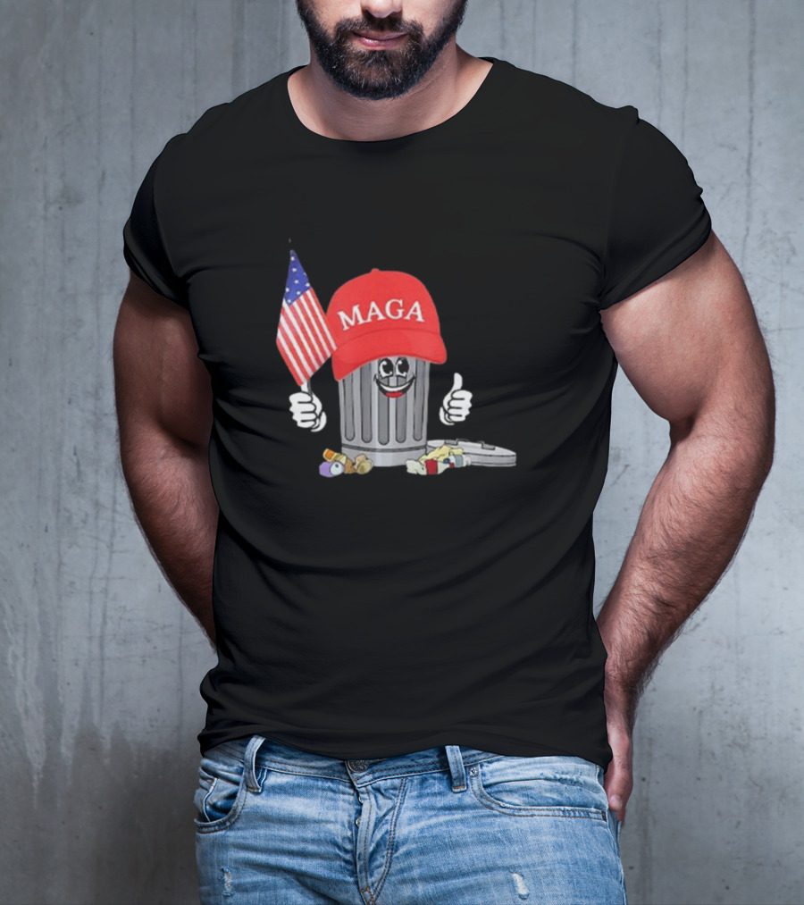 MAGA Hat Wearing Garbage Can Giving Thumbs Up Holding American Flag T-Shirt